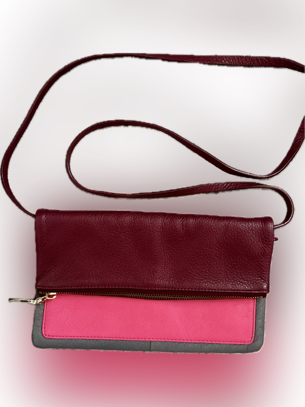 Gap Leather Fold-Over Crossbody Bag in Burgundy, Pink & Gray